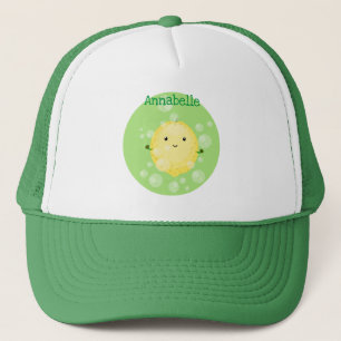 Cute lemon fruit cartoon bubbles illustration trucker hat
