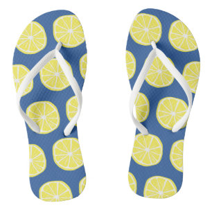 Cute Lemon Slice Pattern Bright Yellow on Blue Jandals