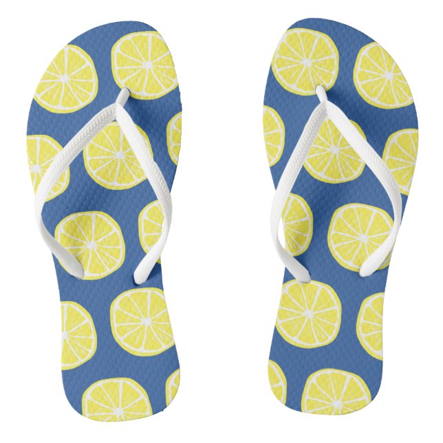 Cute Lemon Slice Pattern Bright Yellow on Blue Jandals (Footbed)