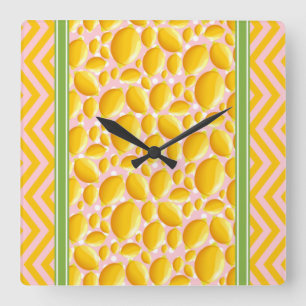 Cute Lemon Slice Polka Dot & Chevron Yellow Square Wall Clock
