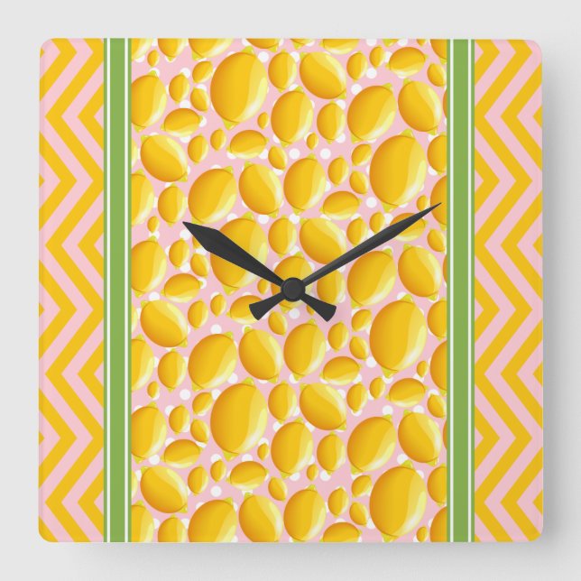 Cute Lemon Slice Polka Dot & Chevron Yellow Square Wall Clock (Front)