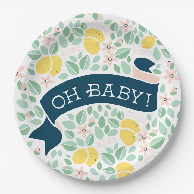 Cute Lemon Yellow Botanical Leaves Baby Shower Paper Plate (Front)