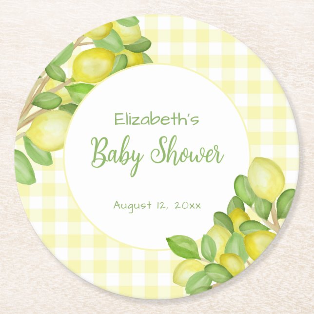 Cute Lemon Yellow Gingham Baby Shower Coaster (Front)