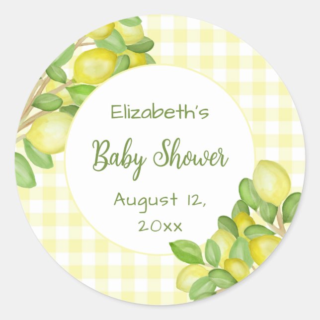 Cute Lemon Yellow Gingham Baby Shower Sticker (Front)