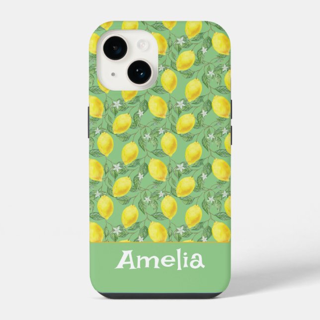 Cute lemon yellow green pattern name iPhone case (Back)