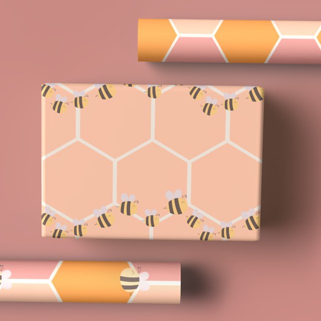 Cute Lemon Yellow & Peachy Orange Honeycomb & Bees Wrapping Paper Sheet (Creator Uploaded)
