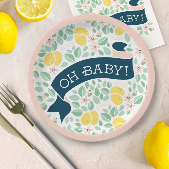 Cute Lemon Yellow Pink Botanical Baby Shower Paper Plate (Cute Lemon Yellow Botanical Bold Baby Shower paper plate)