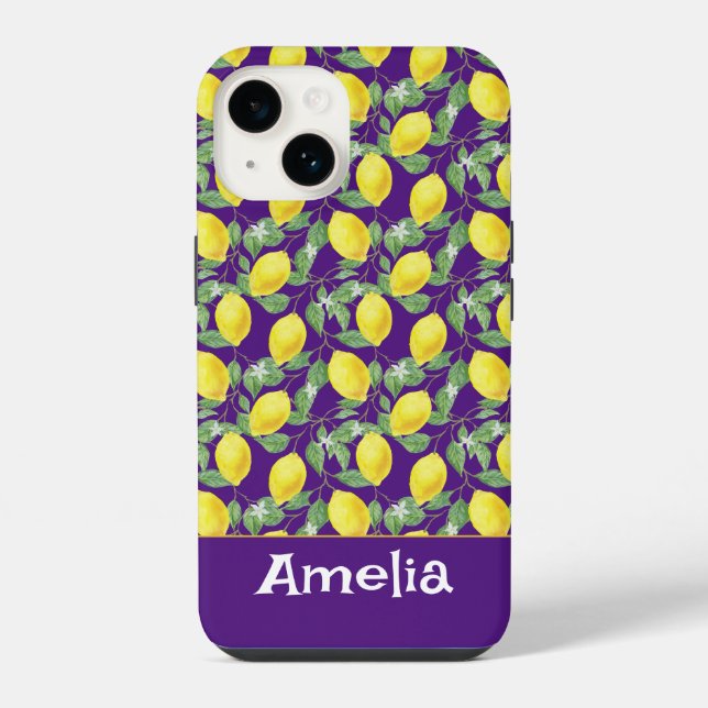 Cute lemon yellow purple pattern name iPhone case (Back)