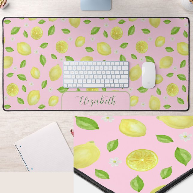 Cute Lemons Watercolor Pink Large Desk Mat (Creator Uploaded)