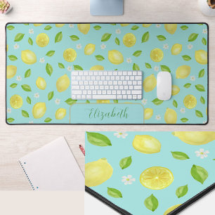 Cute Lemons Watercolor Teal Large Desk Mat