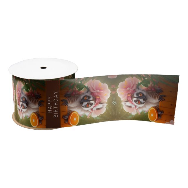 Cute lemur and orange Summer paradise custom text Satin Ribbon (Spool)