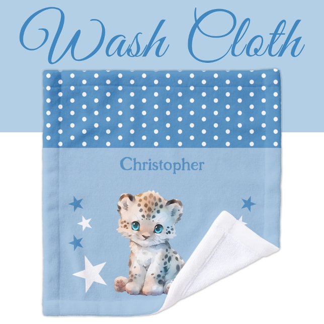 Cute leopard add name polka dots stars blue wash cloth (Creator Uploaded)