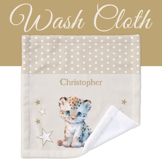 Cute leopard add name polka dots stars brown wash cloth (Creator Uploaded)
