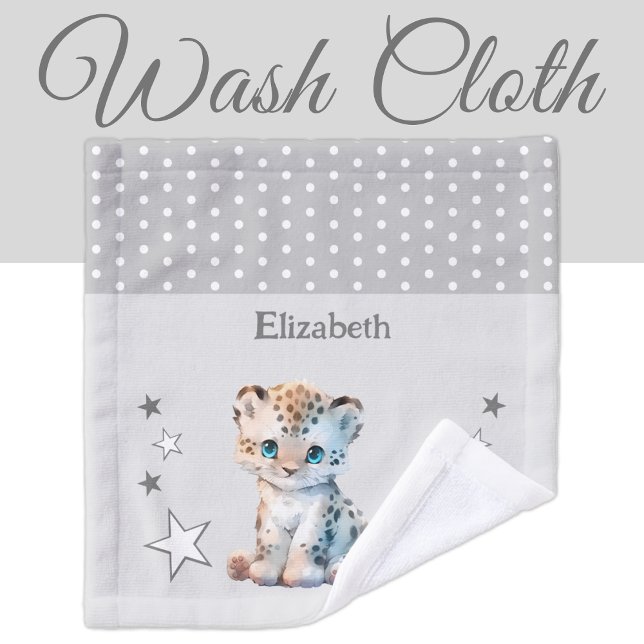 Cute leopard add name polka dots stars grey wash cloth (Creator Uploaded)