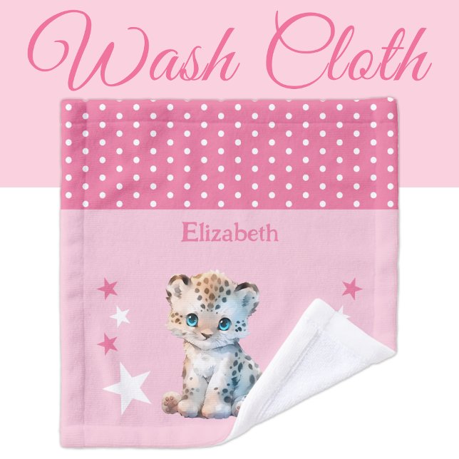 Cute leopard add name polka dots stars pink wash cloth (Creator Uploaded)