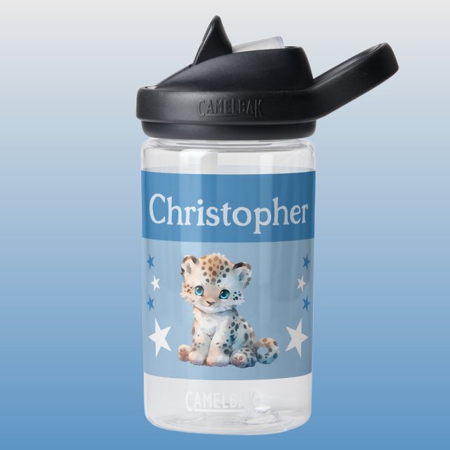 Cute leopard add name with stars kids blue water bottle (Creator Uploaded)