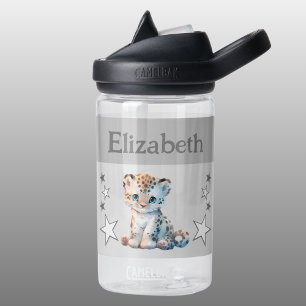 Cute leopard add name with stars kids grey water bottle