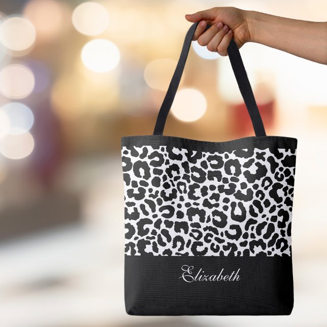 Cute Leopard Animal Pattern Name Black White Chic  Tote Bag (Cute Leopard Animal Pattern Custom Stylish Calligraphy Black & White Chic Canvas Shopping Tote Bag)