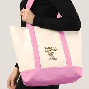 Cute leopard baby stuff name pink brown tote bag