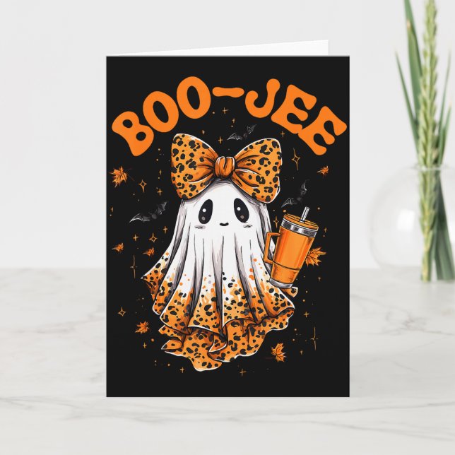 Cute Leopard Boo Jee Ghost Coffee Halloween Costum Card (Front)
