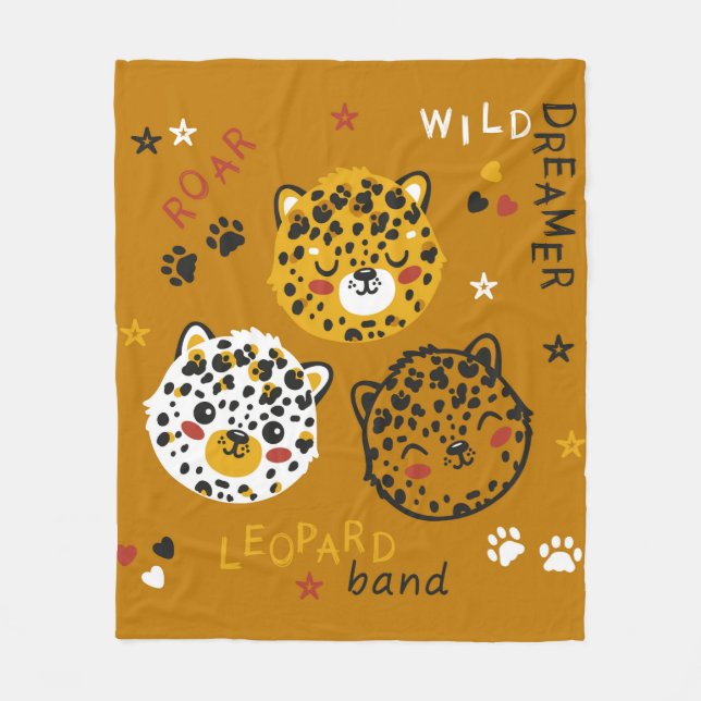 Cute Leopard Cat Face Drawing. Little Funny Cheeta Fleece Blanket (Front)
