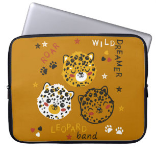 Cute Leopard Cat Face Drawing. Little Funny Cheeta Laptop Sleeve