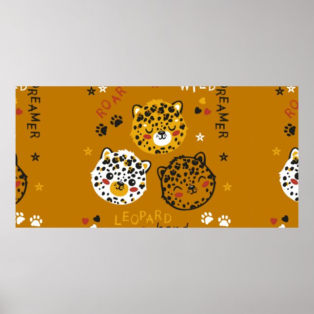 Cute Leopard Cat Face Drawing. Little Funny Cheeta Poster (Front)