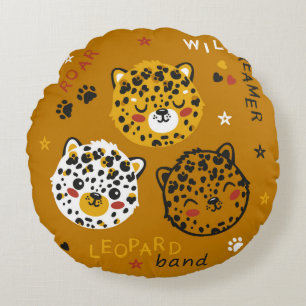 Cute Leopard Cat Face Drawing. Little Funny Cheeta Round Cushion