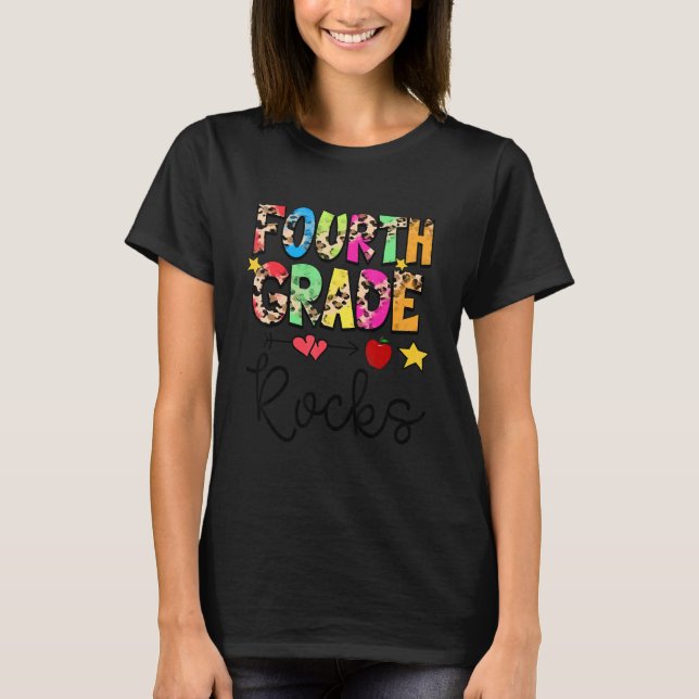 Cute Leopard Fourth Grade Rocks  Back To School T-Shirt (Front)