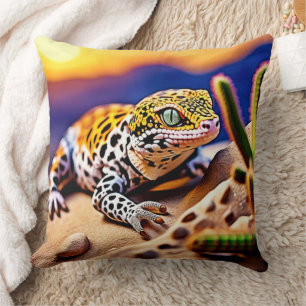 Cute Leopard Gecko Sunset Desert Design Cushion