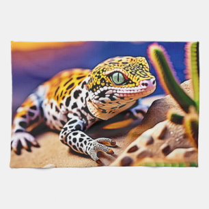Cute Leopard Gecko Sunset Desert Design Tea Towel