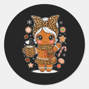 Cute Leopard Gingerbread Girl Coquette Bow Holiday Classic Round Sticker