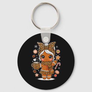Cute Leopard Gingerbread Girl Coquette Bow Holiday Key Ring