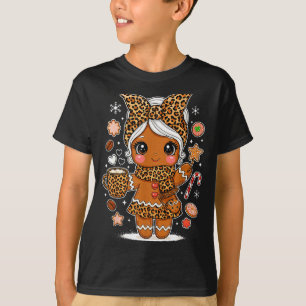 Cute Leopard Gingerbread Girl Coquette Bow Holiday T-Shirt