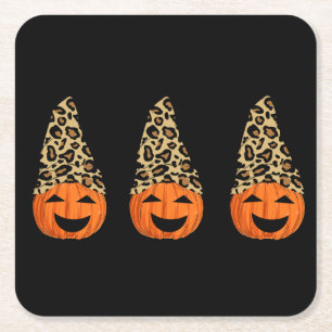 Cute Leopard Hat Pumpkins Square Paper Coaster