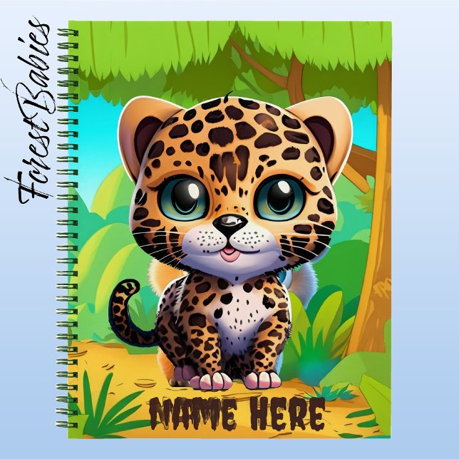 Cute Leopard Kitty Cat Safari Jungle Animal Notebook (Leopard, Customizable ForestBabies 8.5"x11" Notebook - Front)