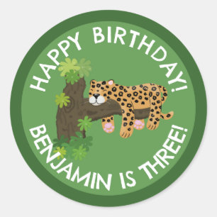 Cute leopard personalised cartoon birthday classic round sticker