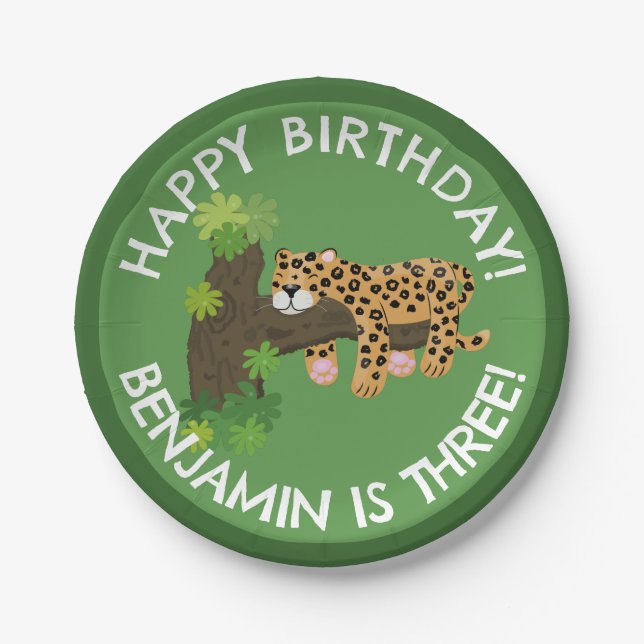 Cute leopard personalised cartoon birthday paper plate (Front)