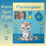 Cute leopard photo name blue yellow kids jigsaw puzzle<br><div class="desc">30 piece jigsaw puzzle for kids.
Featuring a cute leopard,  with stars and love hearts.
Add a name,  initial and a photo.
Colour scheme: blue and yellow
Children's gift idea.</div>