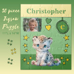 Cute leopard photo name green yellow kids jigsaw puzzle<br><div class="desc">30 piece jigsaw puzzle for kids.
Featuring a cute leopard,  with stars and love hearts.
Add a name,  initial and a photo.
Colour scheme: green and yellow
Children's gift idea.</div>