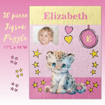 Cute leopard photo name pink yellow kids jigsaw puzzle<br><div class="desc">30 piece jigsaw puzzle for kids.
Featuring a cute leopard,  with stars and love hearts.
Add a name,  initial and a photo.
Colour scheme: pink and yellow
Children's gift idea.</div>