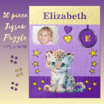 Cute leopard photo name purple yellow kids jigsaw puzzle<br><div class="desc">30 piece jigsaw puzzle for kids.
Featuring a cute leopard,  with stars and love hearts.
Add a name,  initial and a photo.
Colour scheme: purple and yellow
Children's gift idea.</div>