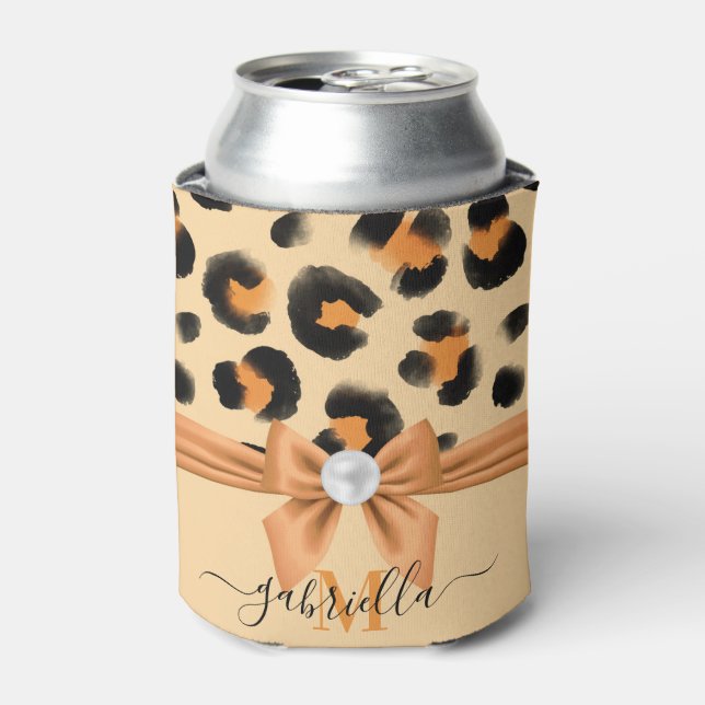 Cute Leopard Print and Bow Can Cooler (Can Front)