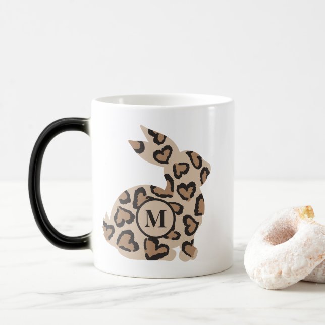 Cute Leopard Print Bunny with Custom Monogram Magic Mug (With Donut)
