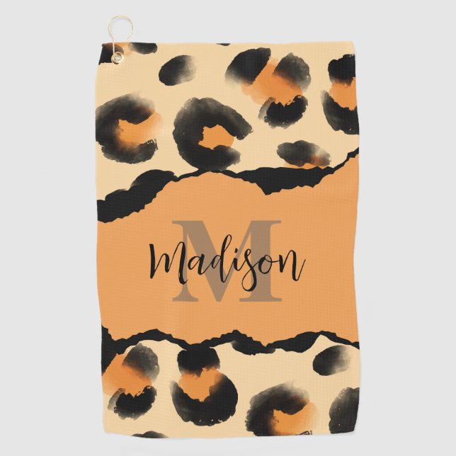 Cute Leopard Print Monogram Golf Towel (Front)