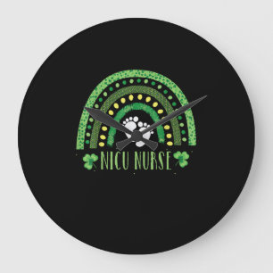 Cute Leopard Rainbow Nicu Nurse St Patricks Day T- Large Clock