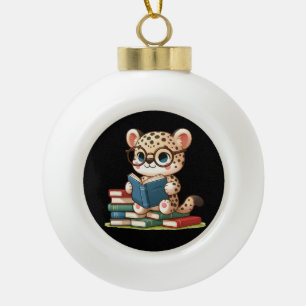 Cute Leopard Reading Ceramic Ball Christmas Ornament