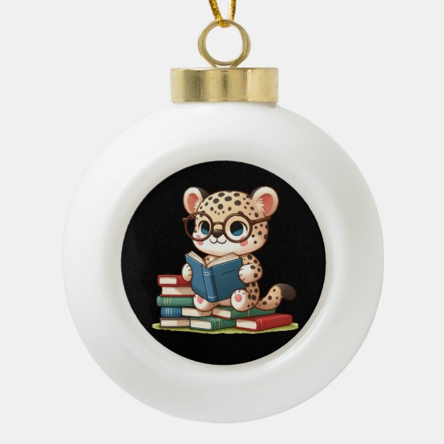 Cute Leopard Reading Ceramic Ball Christmas Ornament (Front)