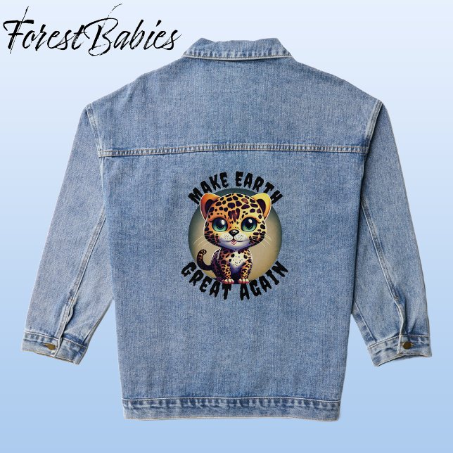 Cute Leopard Safari Animal, Make Earth Great Again Denim Jacket (Leopard, Blue Denim ForestBabies Jacket - Back)