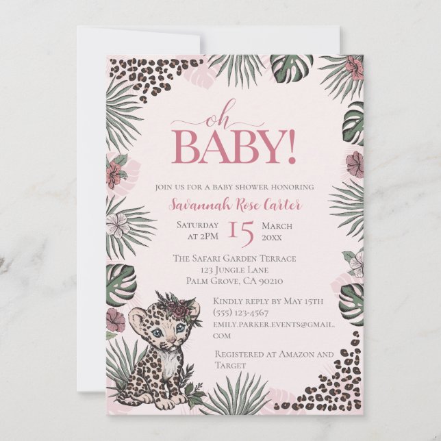 Cute Leopard Safari Girl Baby Shower Invitation (Front)